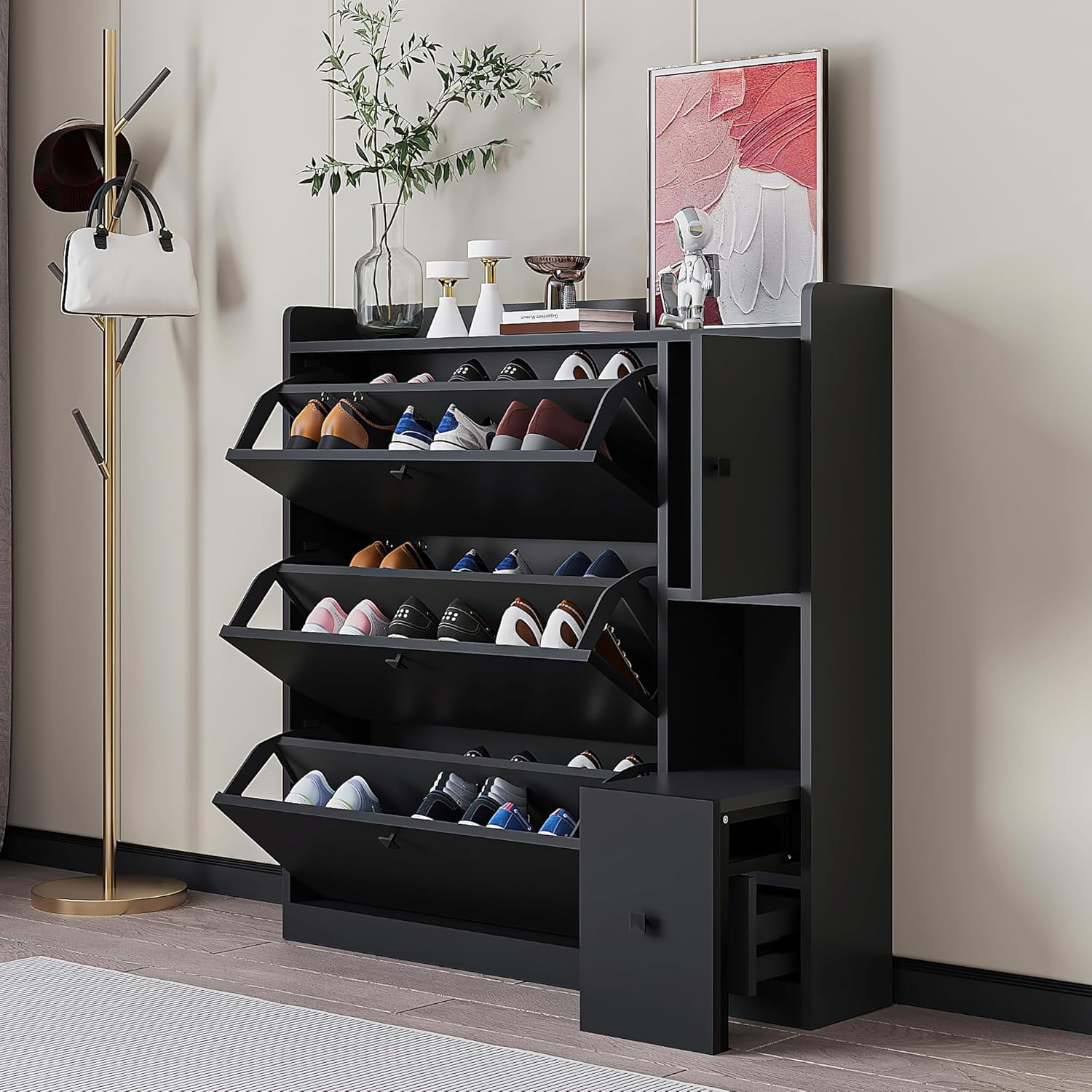 Functional Entryway Organizer Drawers Wood Grain Pattern Top Shoe ...