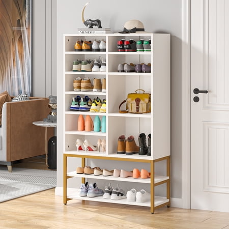 Freestanding Shoe Storage Cabinet Modern 28 Pairs Wood Shoe Rack with 10 Adjustable Compartments for Entryway, Bedroom