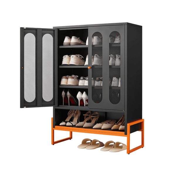 Freestanding Shoe Storage Cabinet with Ventilated Mesh Doors and Adjustable Shelves, Modern Minimalist Organizer for Entryway Closet Hallway, Accommodates Shoes 17-32 cm, Black