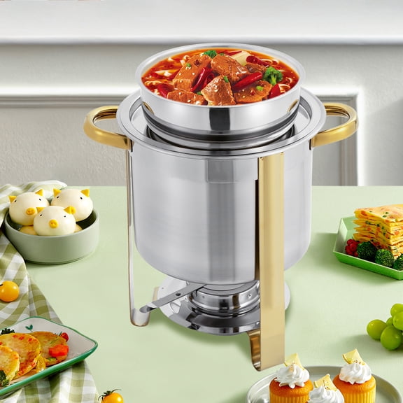 Freestanding Silver Round Warmer Soup with Pot Lid and Fuel Holder Stainless Steel Soup Warmer for Snack Bars