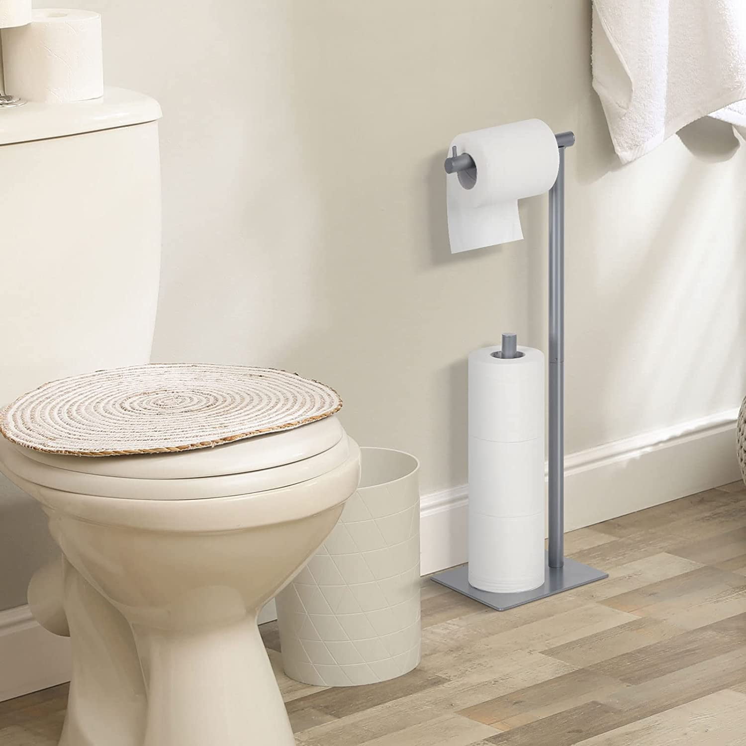 Freestanding Silver Toilet Paper Holder Stand with Reserve Storage Holder, Set of 2