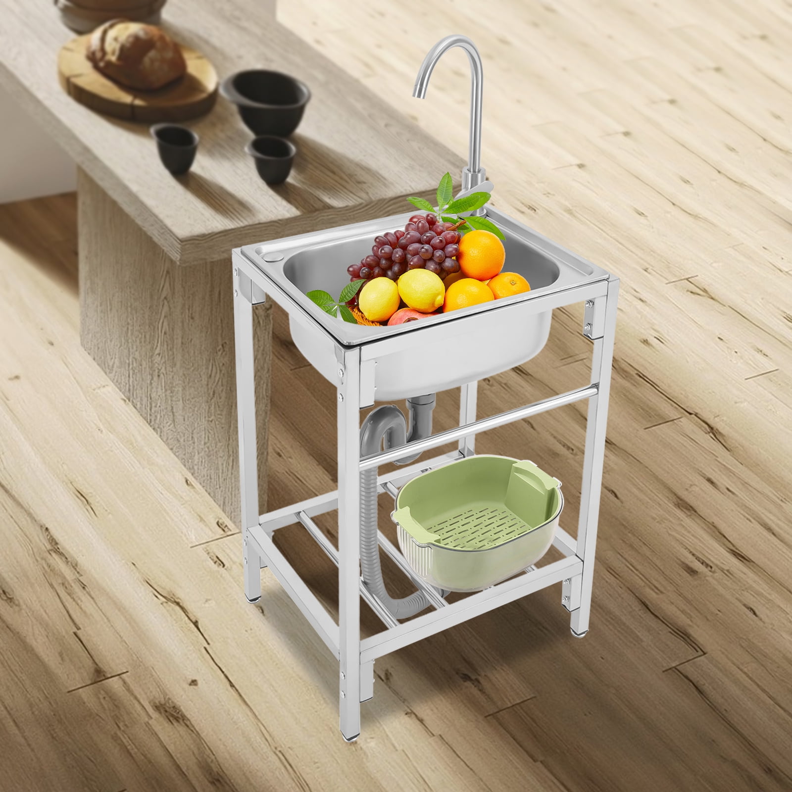 Freestanding Single Basin Sink with Raised Countertop, Stainless Steel, 16.9x12.9x7.5in, with 360 Rotating Faucet, Silencing Pad, and High Load Capacity