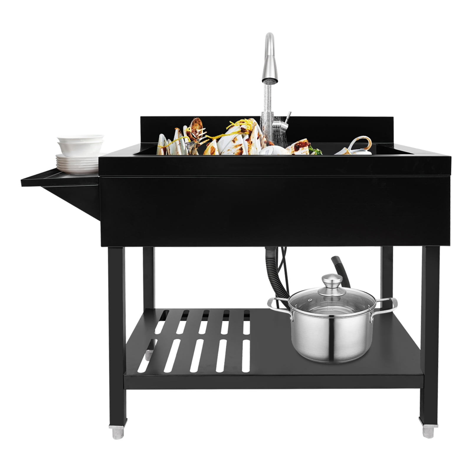 Freestanding Single Bowl Kitchen Sink, Black Stainless Steel Sink, Utility Sink with Faucet and Storage Shelf, for Kitchen Restaurant Garage