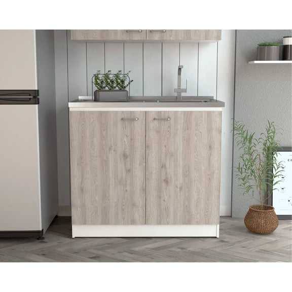 Freestanding Sink Double Door Cabinet With 2 Shelves - White/ Gray, Stainless Steel, Easy To Analyze Intensively, Engineered Wood Tough Gray & Two Assembly, Creation