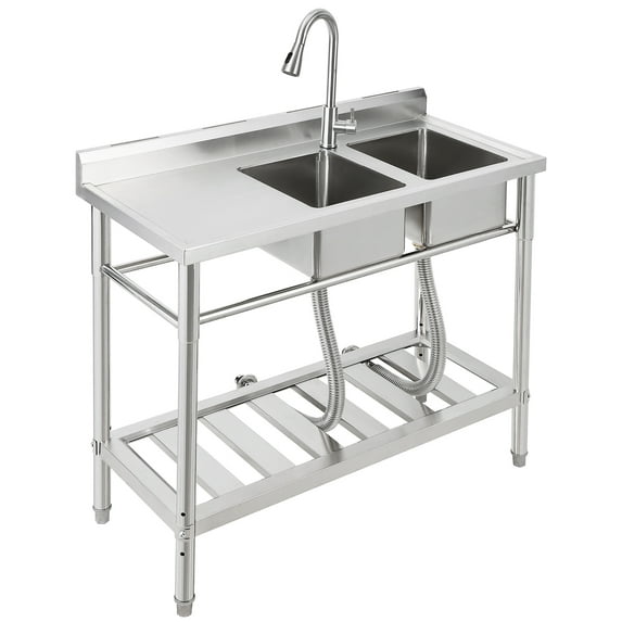 Freestanding Sink With Faucet and Drainboard, Utility Stainless Steel Kitchen 2 Bowl Sink With Workbench, Station Sink With Storage Shelves, for Restaurant, Cafe, Bar, Hotel, Garage, Laundry Room