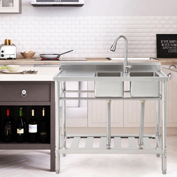 Freestanding Sink With Faucet and Drainboard, Utility Stainless Steel Kitchen 2 Bowl Sink With Workbench, Station Sink With Storage Shelves, for Restaurant, Cafe, Bar, Hotel, Garage, Laundry Room
