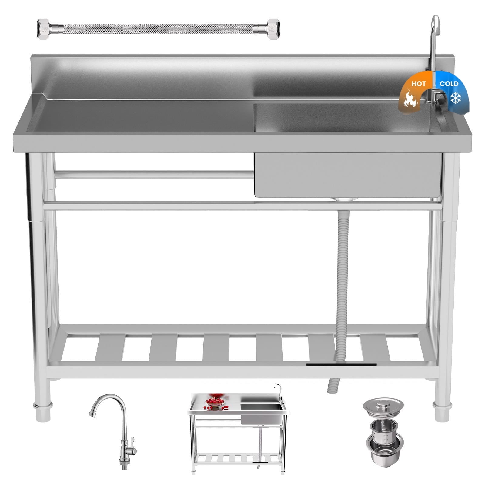 Freestanding Sink, Stainless Steel Sink Dual-pipe Hot & Cold Adjustable System, 300lbs Heavy Duty Stainless Steel Sink, Adjustable Feet Stable, Commercial Kitchen Sink for Indoor Outdoor