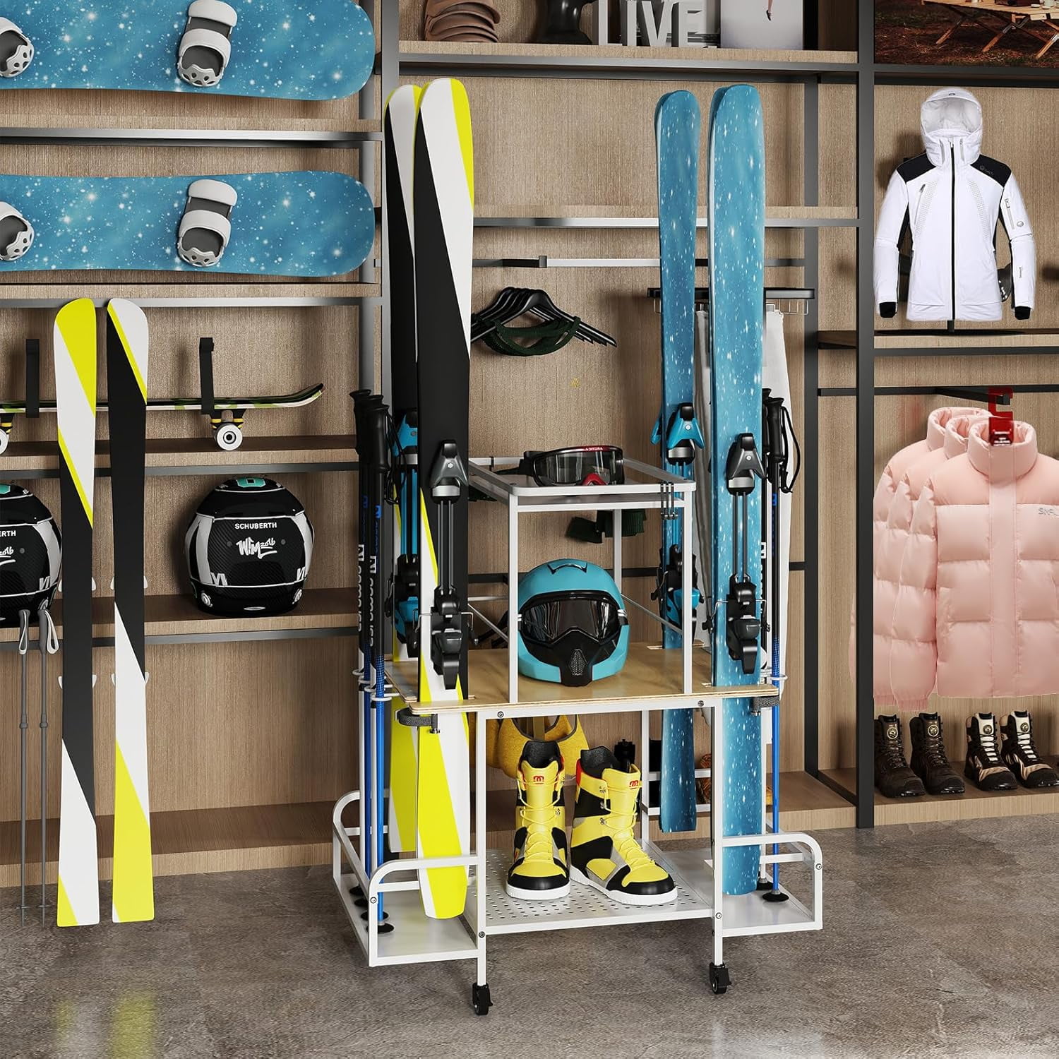 Snowboards And Skis Rack Snow Freestanding Ski Storage Rack with Wheels, Steel Gear Holder for 4 ...