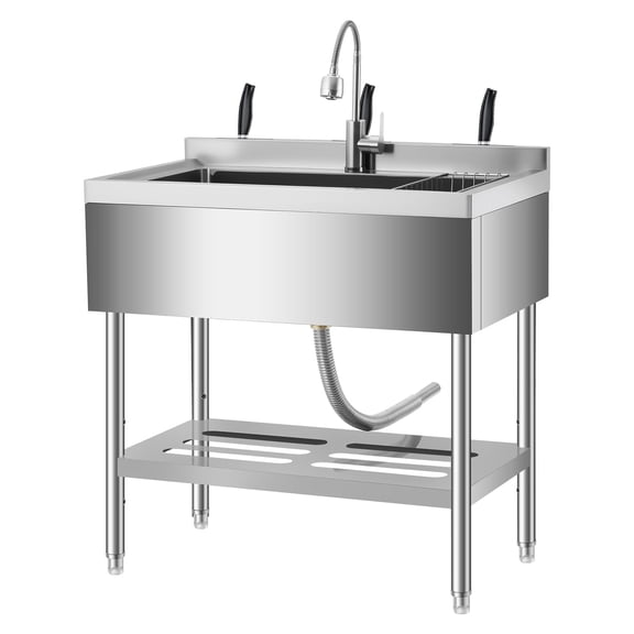 Freestanding Small Stainless Steel Utility Sink 23"x19" Single Bowl with Hot & Cold 360° Swivel Faucet, Adjustable Feet, Five S Hooks Garage