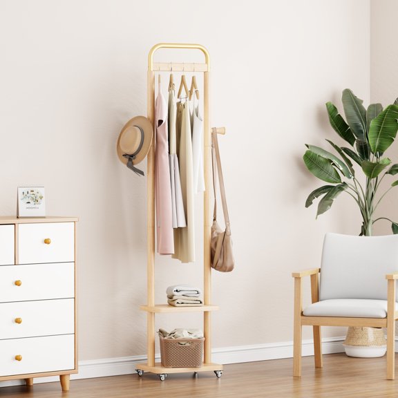 Freestanding Solid Wood Coat Rack with Casters, Heavy Duty Coat Tree for Hallway Bedroom,Natural