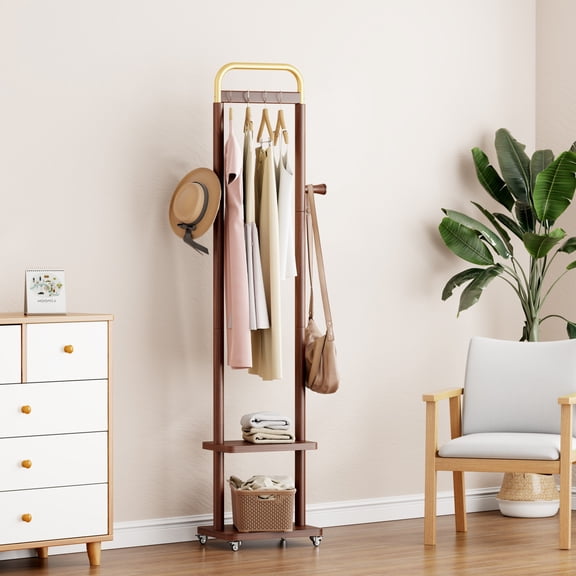 Freestanding Solid Wood Coat Rack with Casters, Heavy Duty Coat Tree for Hallway Bedroom,Walnut
