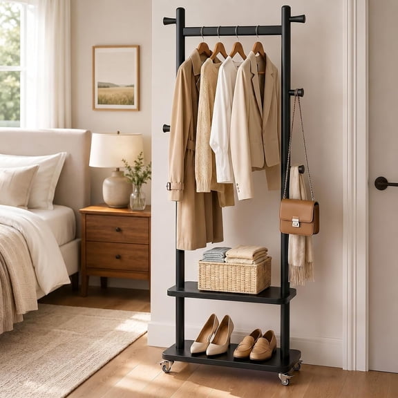 Freestanding Solid Wood Coat Rack with Shelves and Wheels, Entryway Coat Tree Stand with Hooks and Shoe Storage, Walnut Brown
