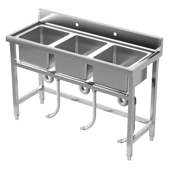 Freestanding Stainless Steel 3 Bay Sink, Large Capacity Rust Resistant Commercial Utility Sink with Complete Drainage Kits, Multi Purpose Wash Station for Backyard Garage Catering Kitchen