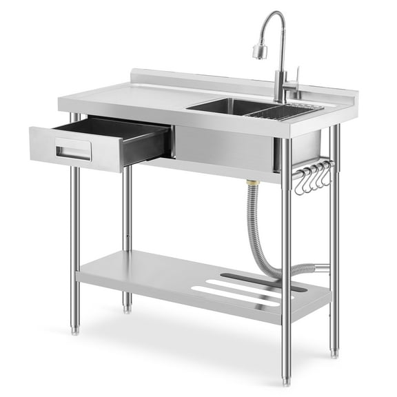 Freestanding Stainless Steel Laundry Utility Sink 40" Single Bowl with Right Drawer, 360° Swivel Hot & Cold Faucet, Multifunctional Storage