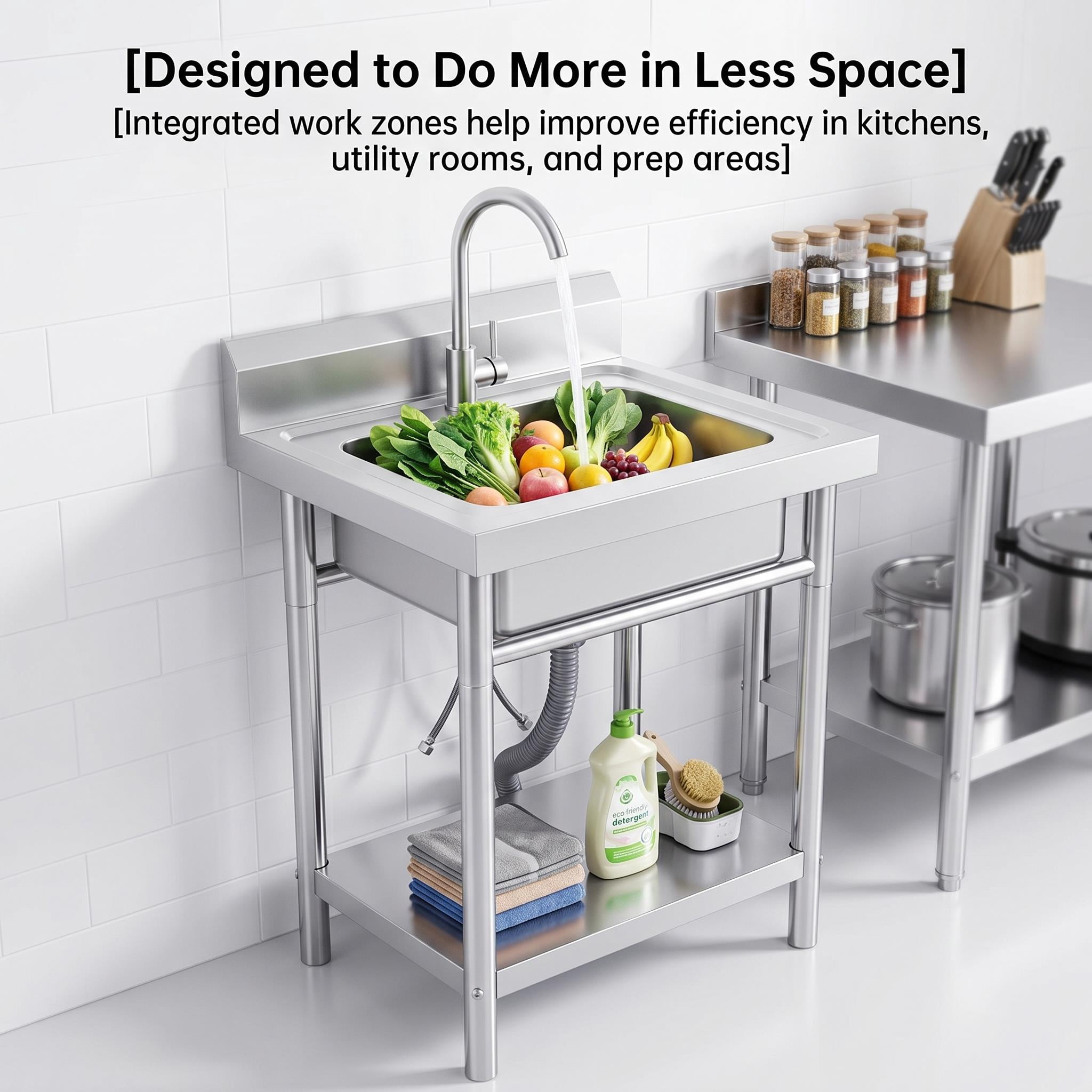 Freestanding Stainless Steel Single Bowl Laundry Sink, Brushed Finish Deep Basin with Backsplash, Hot Cold Water Faucet and Storage Shelf, Heavy Duty for Laundry Room and Garage Use
