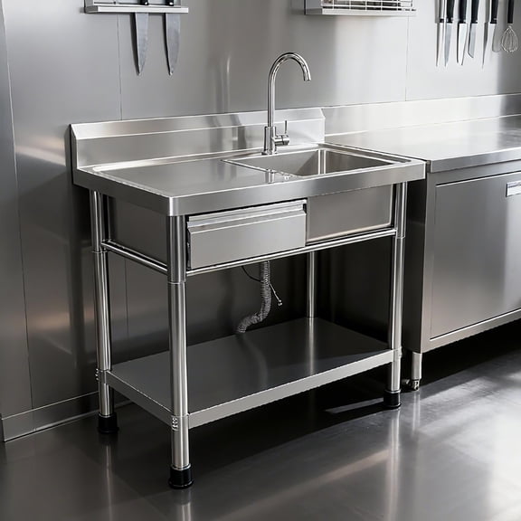 Freestanding Stainless Steel Single Bowl Utility Sink, 39.4" Wide Countertop with Bottom Storage Shelf, 198Lbs Load Capacity for Garage, Laundry, and Outdoor Kitchen