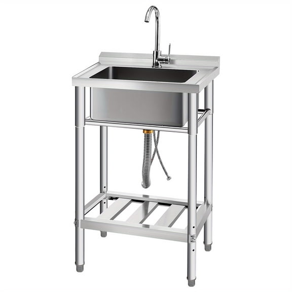 Freestanding Stainless Steel Single Bowl Utility Sink with Hot and Cold Water Connections, Heavy-Duty Sink for Laundry Room, Farmhouse, or Indoor/Outdoor Use