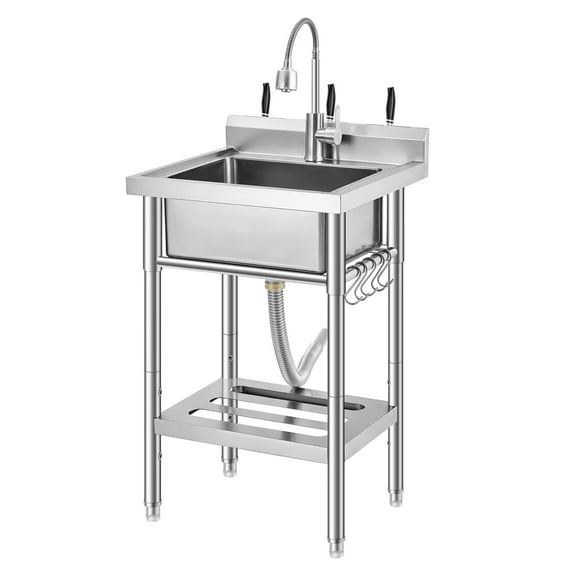 Freestanding Stainless Steel Utility Sink 16.8"x12.8"x7.6" Single Bowl with Adjustable Legs, 360° Swivel Hot & Cold Faucet