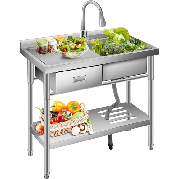 Freestanding Stainless Steel Utility Sink 39x14x33 In Single Bowl with Faucet Storage Shelf Workbench