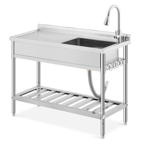 Freestanding Stainless Steel Utility Sink 47.2"x19.7"x37" with Workbench, Hot & Cold 360° Swivel Faucet, Adjustable Legs, Knife Rack Laundry, Garage