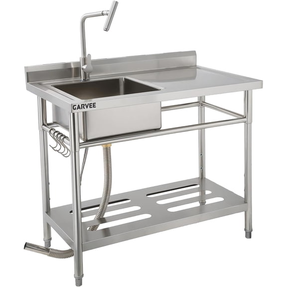 Freestanding Stainless Steel Utility Sink with Hot & Cold Pull-Out Faucet, Large Capacity Laundry Sink with Storage Shelf & Drain Kit for Garage Kitchen Backyard Commercial Use