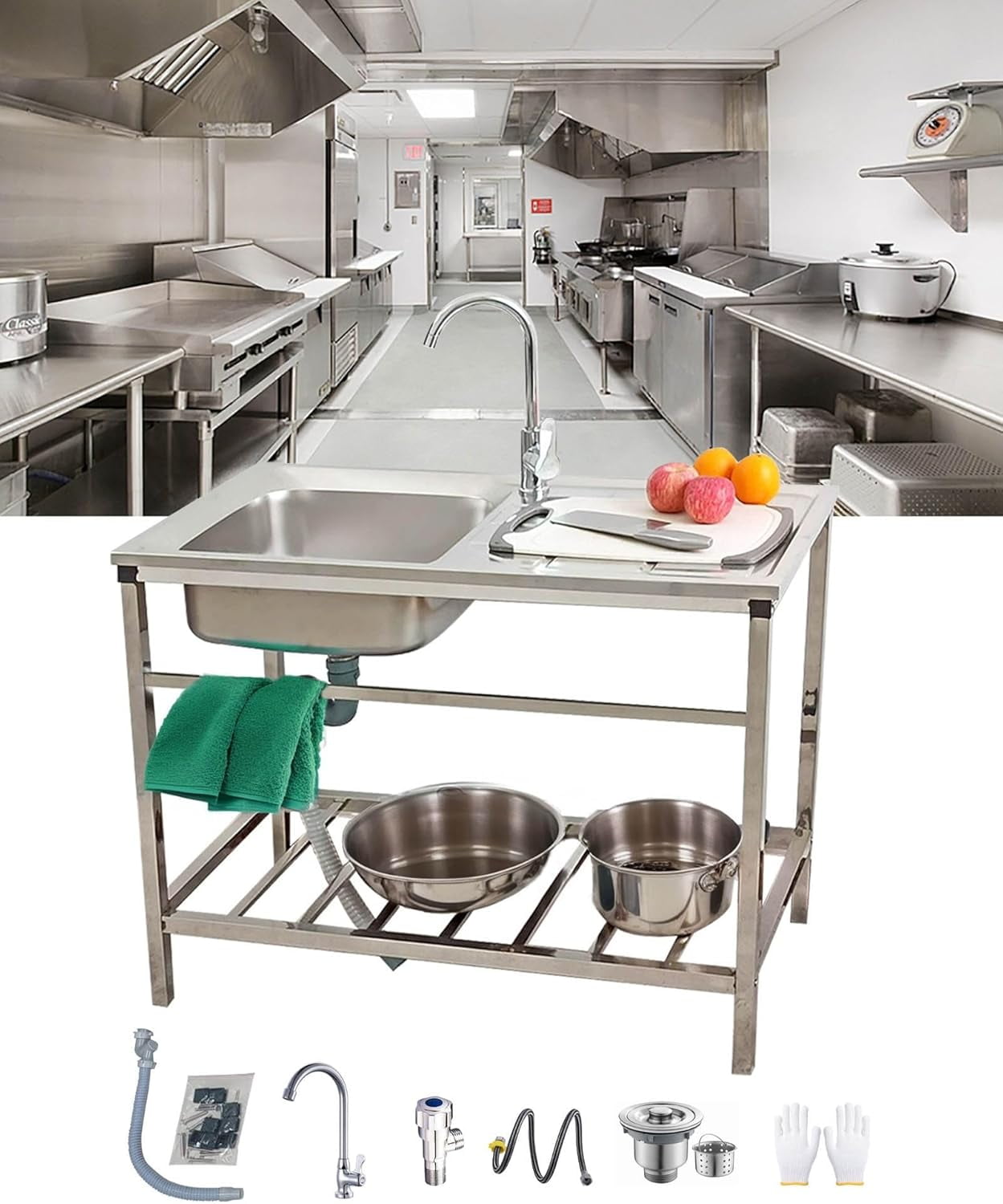 Freestanding Stainless Steel Utility Sink Outdoor Garden Kitchen Sink Single Bowl Commercial Restaurant Sink Set with Faucet for Backyard Camping Garage Laundry Room Easy to Wash(29.5x15.5xH29.5in)