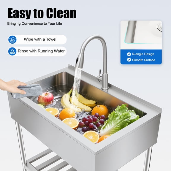 Freestanding Stainless Steel Utility Sink, Single Large Basin Commercial Kitchen Sink with Tap, for Restaurant, Laundry Room and Outdoor Use
