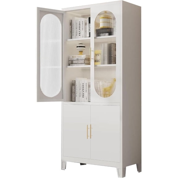 Freestanding Storage Cabinet: 70" Tall White Linen + Pantry + China Cabinet – Tempered Glass Doors, Heavy-Duty Adjustable Shelves, Multi-Room Use (Bathroom/Kitchen/Living/Dining/Office)