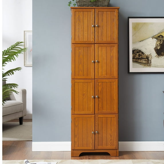 Freestanding Storage Cabinet 72.4 Inches Tall with 8 Doors and 4 Shelves Suitable for Home Office and Dining Needs,Oak