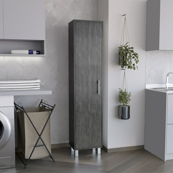 Freestanding Storage Cabinet - Broom Hangers & 5 Shelves Modern Design For Primary Living Space Natural Finish, Brown Engineered Wood Brown, 11.94"d X 15.42"w 68.73"h, 55.67 Lb, 1 Door, Shelves,