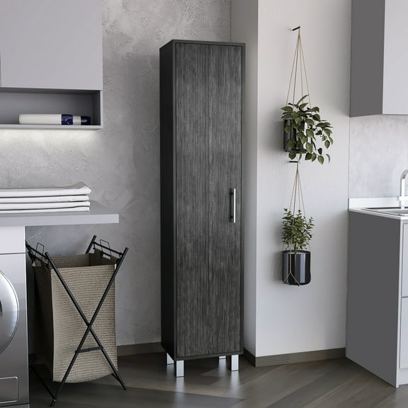 Freestanding Storage Cabinet - Modern Style With Broom Hangers Natural Brown Finish, Engineered Wood, 5 Shelves For Primary Living And Holder 11.78"d X 15.72"w 70.15"h, 55.46 Lb, Brown, Area