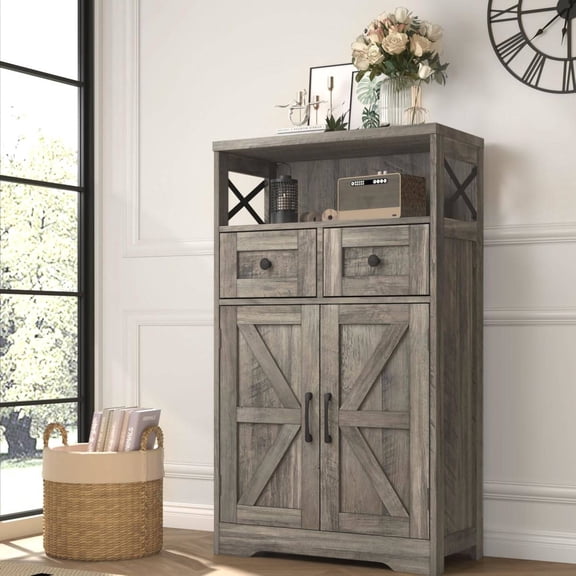 Freestanding Storage Cabinet with 2 Drawers, 2 Doors, and Adjustable Shelf, Grey