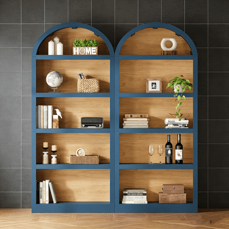 Freestanding Tall Bookshelves Set of 2 - Farmhouse Two-Tone Open Storage Cabinet with Fabric Arched Top, 5-Tier Display Bookcase for Living Room, Bedroom, Home Office, Blue + Natural