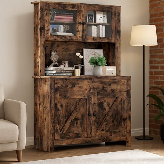Freestanding Tall Kitchen Pantry Cabinet with Microwave Shelf – 2 Drawers, 4 Doors & Adjustable Shelves – Hutch Buffet Storage Organizer – Dining Room Sideboard – Vintage Color