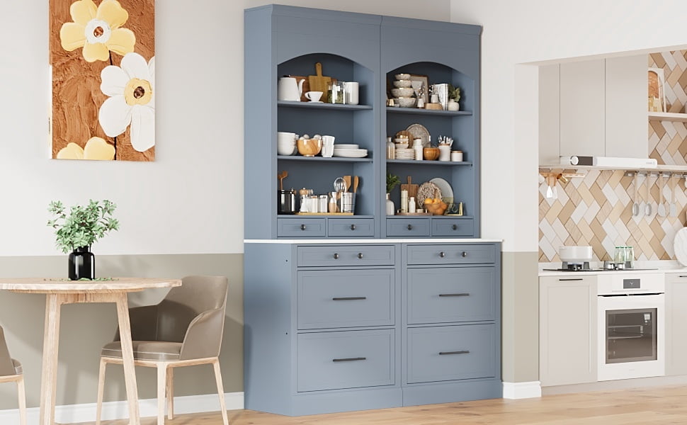 Freestanding Tall Kitchen Pantry Set with Faux Marble Top – 83.7