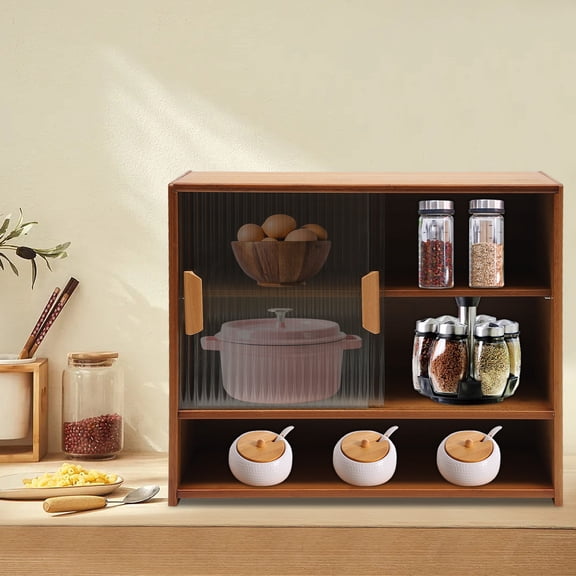 Freestanding Tea-colored Small Bamboo Kitchen Pantry Sideboard with 2 Sliding Striped Glass Doors for Dish
