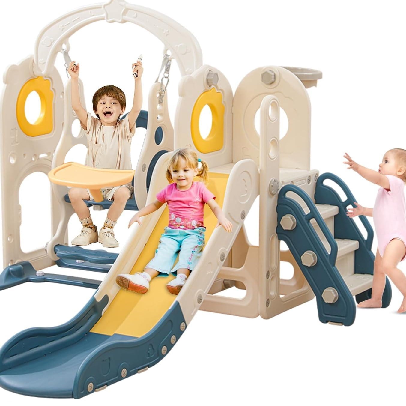 Freestanding Toddler Slide with Swing Set, 6 in 1 Kids Indoor Playset for Toddlers 1-3，L Shaped Slide with Basketball Hoop，Baby Slide for Indoor Outdoor for Boys and Girls Birthday