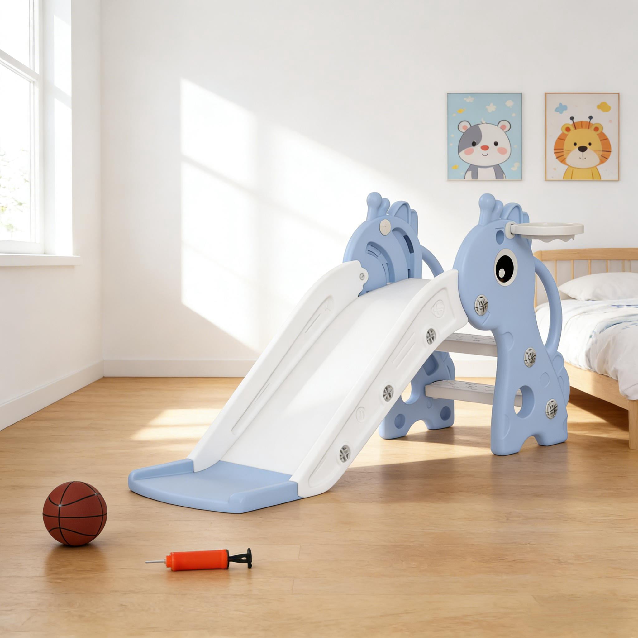 Freestanding Toddler Slide with Basketball Hoop, Giraffe Design HDPE Kids Playset, 3-Step Ladder with Handrails, Max Load 66 lbs for Ages 1-3