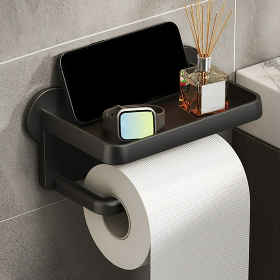 Freestanding Toilet Paper Holder,Rustproof Stand with Accessories & Stable Base,Modern Bathroom Organizer Shelf for Toilet Paper and Phone,Space-Saving Design for Home Apartment Bathrooms-Black