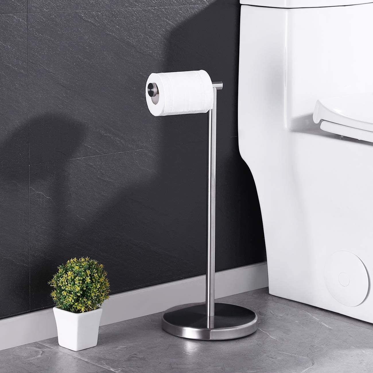 Silver Brushed Nickel Freestanding Toilet Paper Holder with Weighted Base