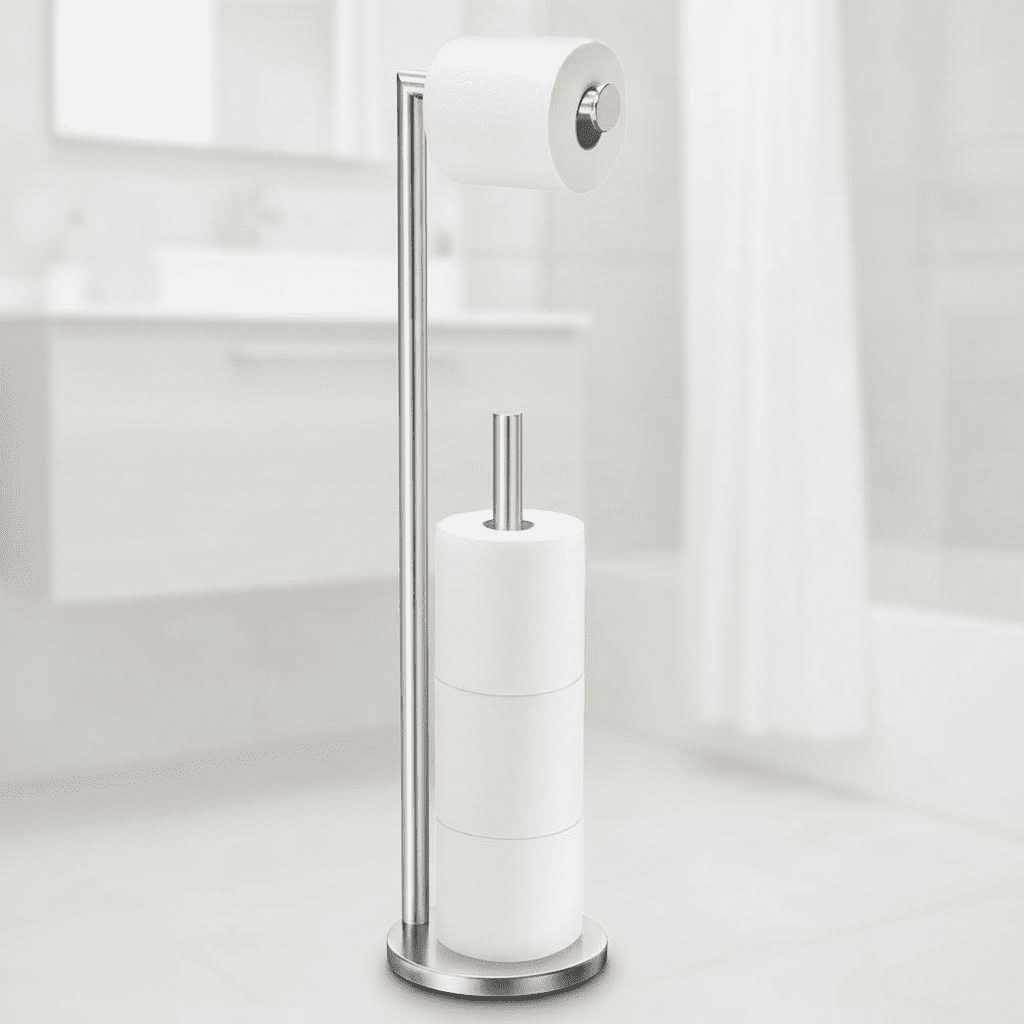 Freestanding Toilet Paper Holder Stand with Storage, Brushed Nickel Finish, Modern Bathroom Organizer for Tissue Roll Dispenser and Extra Storage Space