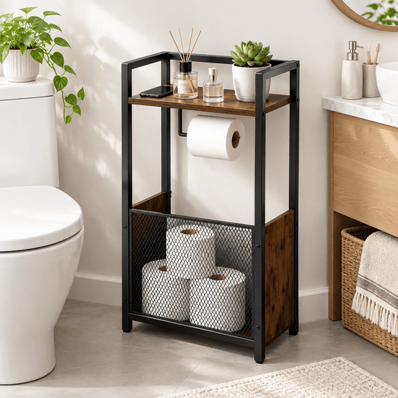 Freestanding Toilet Paper Holder Stand with Metal Basket, Brown, 16.14 ...