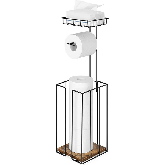 Freestanding Toilet Paper Holder Stand with Shelf, Black