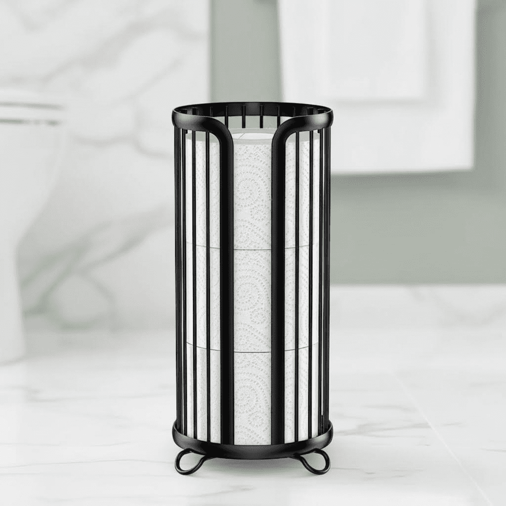 Freestanding Toilet Paper Holder Stand with Storage, Modern Black Bathroom Tissue Organizer for Mega Rolls, Minimalist Design Space-Saving Solution