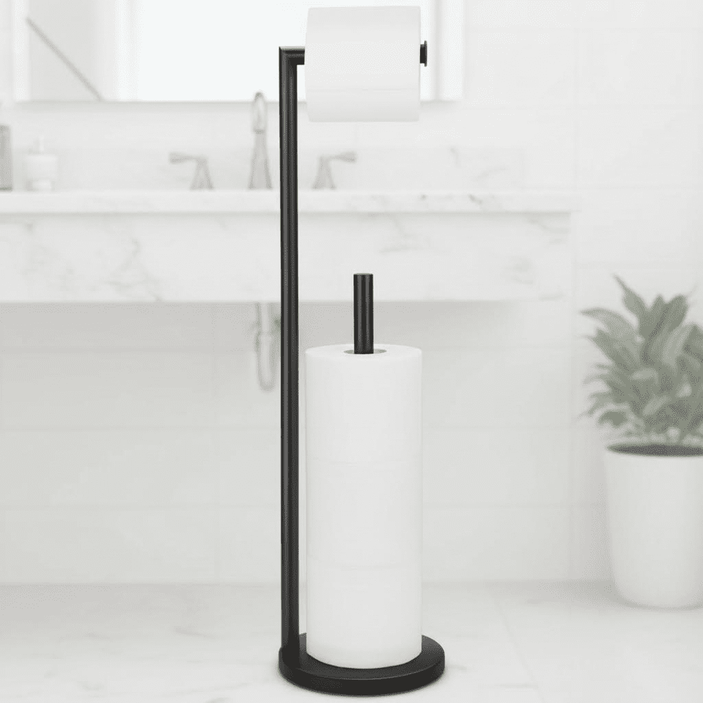 Freestanding Toilet Paper Holder Stand with Storage for 4 Rolls, Rust-Resistant Bathroom Organizer, Modern Black Finish