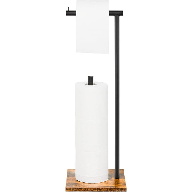 Freestanding Toilet Paper Holder Stand with Wood Base Bathroom Stand