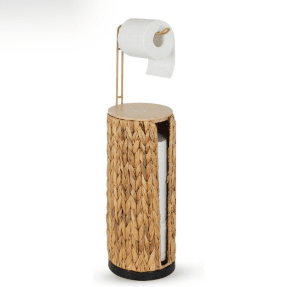 Freestanding Toilet Paper Holder with Storage,3 Rolls of Tissue Holder for Bathroom,Handmade Woven Toilet Paper Roll Holder Stand,Water Hyacinth Bathroom Farmhouse Toilet Paper Storage