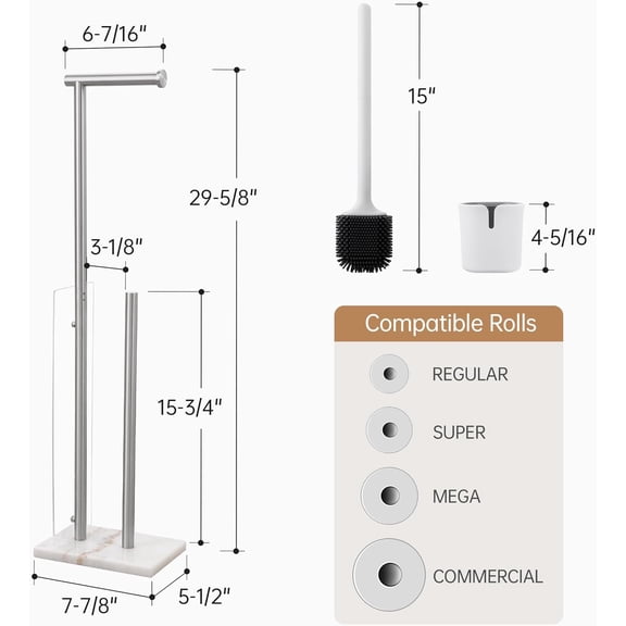 Freestanding Toilet Paper Holder with Storage, Toilet Brush Roll Holder Stand with Natural Marble Base with Toilet Brush Detachable for Bathroom Brushed, BPH233-2