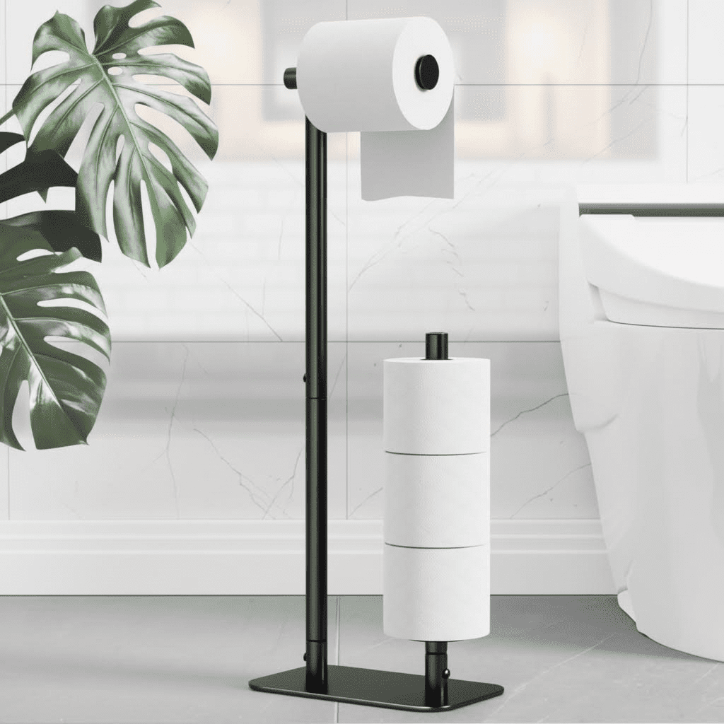 Freestanding Toilet Paper Holder with Large Capacity for 4 Rolls, Rustproof and Stable Base with Non-Slip Design, Medium Size in Black Finish