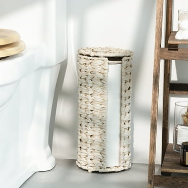 Freestanding Toilet Paper Holder with Lid, Wicker Toilet Roll Holder, Bathroom Storage Basket, Round, White